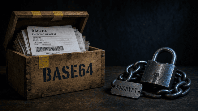 Open wooden crate stenciled BASE64 beside a closed steel padlock tagged ENCRYPT, same table, different jobs