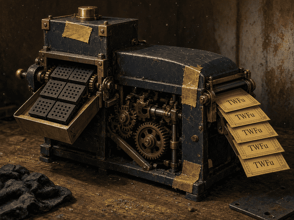Brass and iron mill on a workshop bench, punch cards entering a hopper, yellow ticket stubs leaving the output slot